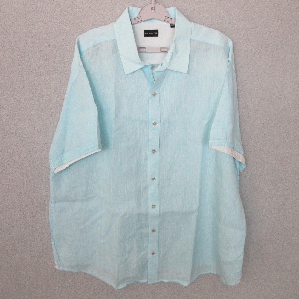 Rochester Mens 2XL Linen Shirt Light Blue Short Sleeve Button Up
